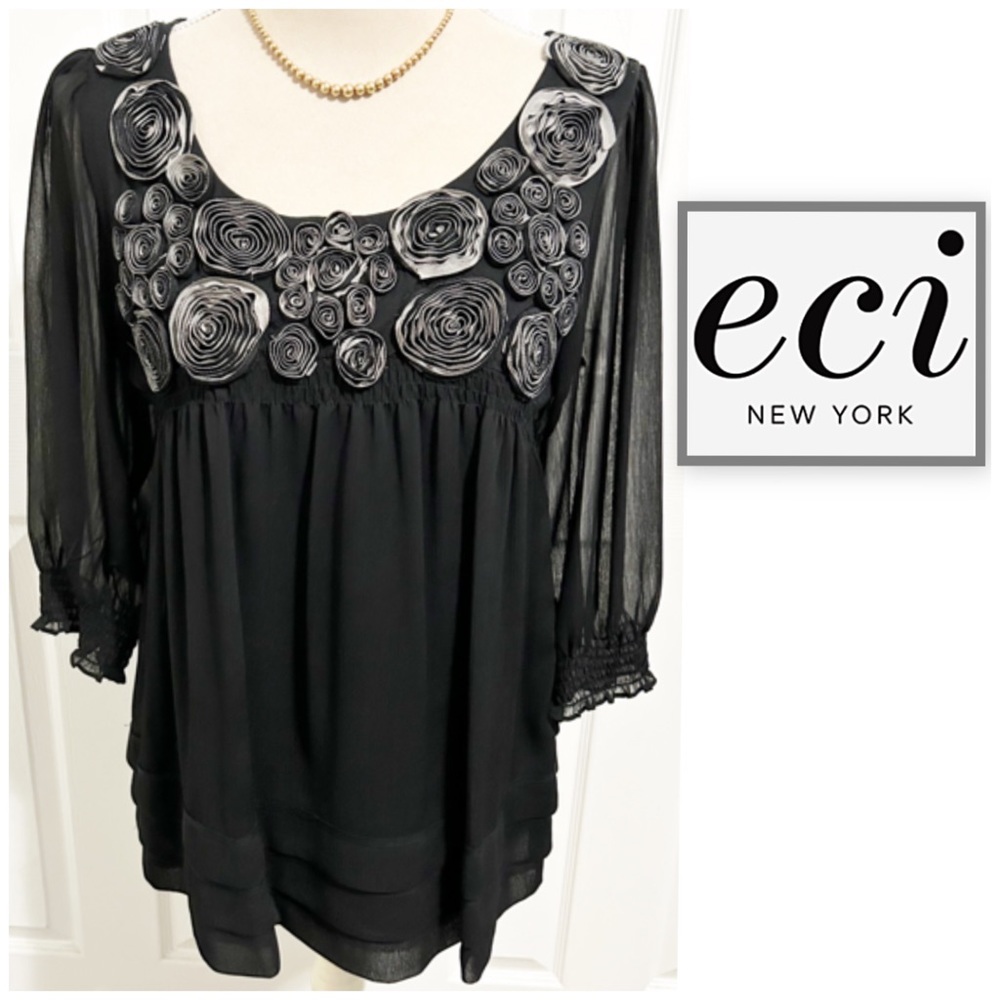 eci New York, Babydoll Style, Lace Stitched Flower Embellished Panel, Top/Blouse